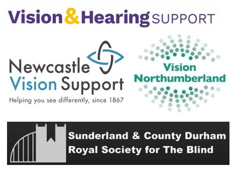 Newcastle Vision Support, Sunderland & County Durham RSB, Vision & Hearing Support and Vision Northumberland logos
