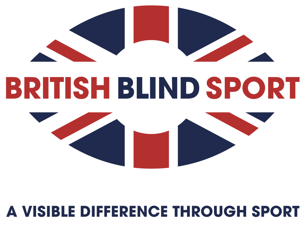 British Blind Sport logo with name of organisation through the middle of a rugby ball with a union jack design. Underneath is a strapline “A visible difference through sport”.