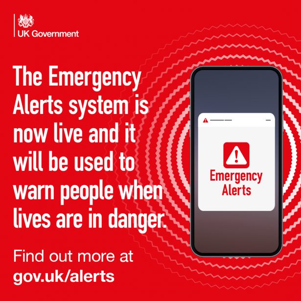 The Emergency Alert system is now live and it will be used to warn people when lives are in danger. Find out more at gov.uk/alerts