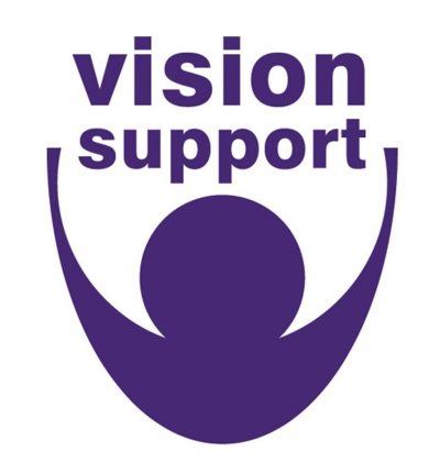 Vision Support purple logo of an eye