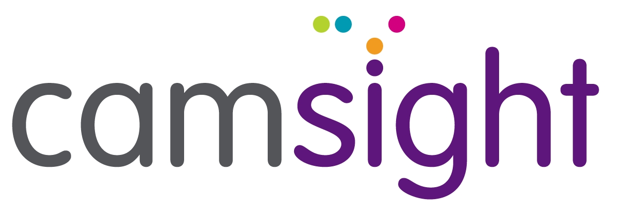 Letters ‘cam’ are grey in colour and ‘sight’ lettering is purple. Blue, green, pink and yellow dots above the ‘i’ represent Braille letters CS.