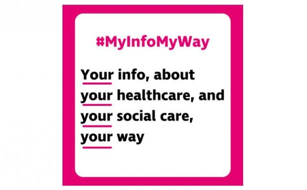 Image is white graphic with a pink border that reads: ‘Your info, about your healthcare, and your social care, your way.’ Each instance of the word 'your' is underlined with a pink line. At the very top of the image in pink text is #MyInfoMyWay.