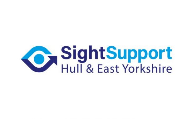 Sight Support Hull & East Yorkshire logo with name on the right hand side and drawing of an eye in light and dark blue on the left hand side.