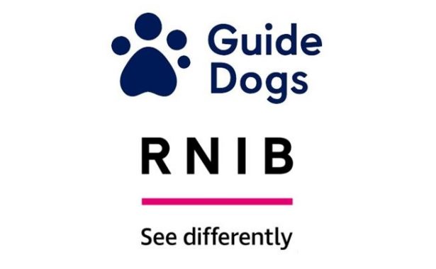 Guide Dogs logo above with paw print on the left hand side. RNIB logo below - See differently.