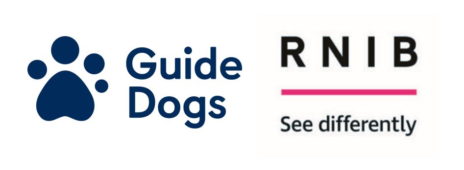 Left: Guide Dogs logo with a paw print on the left hand side. Right: RNIB logo - See differently.