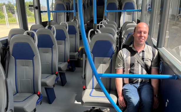 Stuart and his guide sitting on Stagecoach's autonomous bus CAVForth AB1.