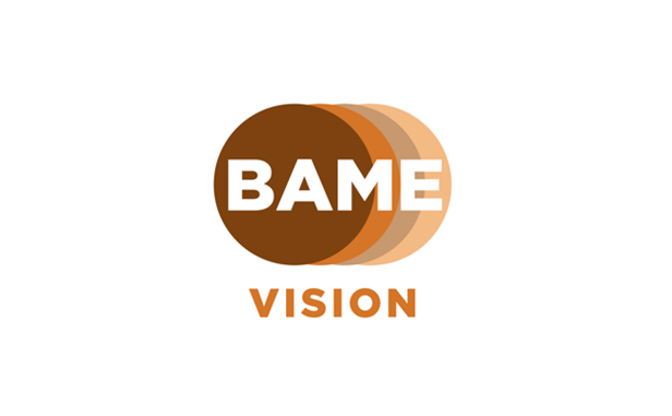 BAME Vision logo - 4 solid circles interlinked, colours left to right, Brown, Tan, Coffee and Beige. The word BAME written in white within and Vision written underneath in tan.