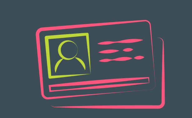 A sketch of a dlegate name badge with pink outline against a grey background