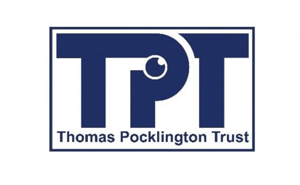 Thomas Pocklington Trust logo. Large TPT letters with the words Thomas Pocklington Trust underneath enclosed in a rectangle. Letters, words and the rectangle border are a dark blue. Within the P of TPT is a small round eye looking upwards.