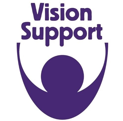 Vision Support purple logo of an eye