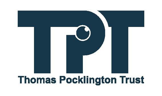 Thomas Pocklington Trust logo. Large TPT letters with the words Thomas Pocklington Trust underneath enclosed in a rectangle. Letters, words and the rectangle border are a dark blue. Within the P of TPT is a small round eye looking upwards.