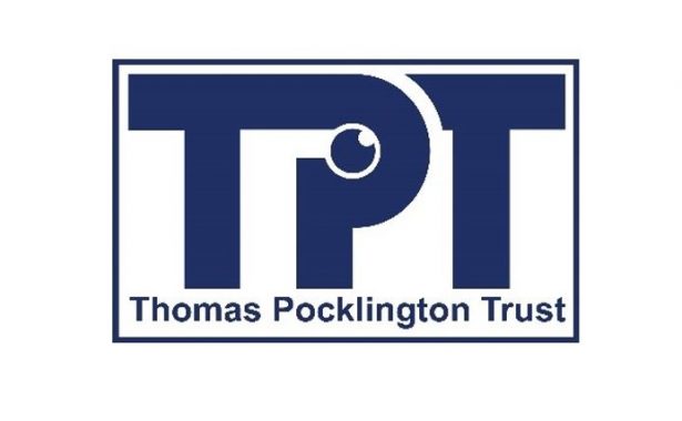 Thomas Pocklington Trust logo. Large TPT letters with the words Thomas Pocklington Trust underneath enclosed in a rectangle. Letters, words and the rectangle border are a dark blue. Within the P of TPT is a small round eye looking upwards.