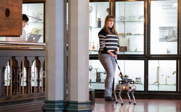 Laura Cluxton testing RoboGuide at the Hunterian Museum in Glasgow.