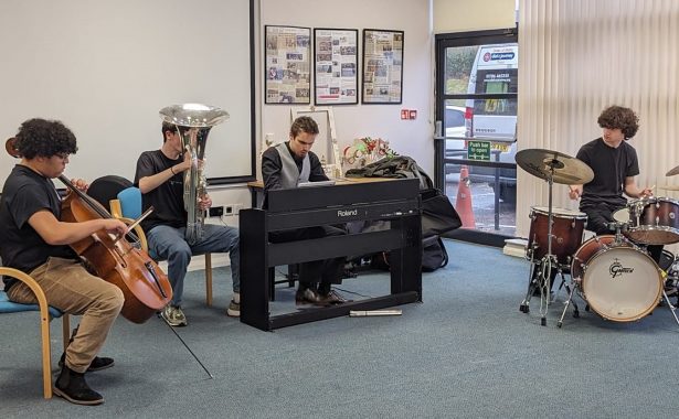 Quartet from Royal Conservatoire of Scotland with a person signing beside them.