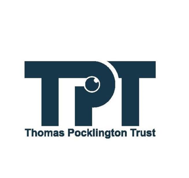 Thomas Pocklington Trust logo. Large TPT letters with the words Thomas Pocklington Trust underneath enclosed in a rectangle. Letters, words and the rectangle border are a dark blue. Within the P of TPT is a small round eye looking upwards.