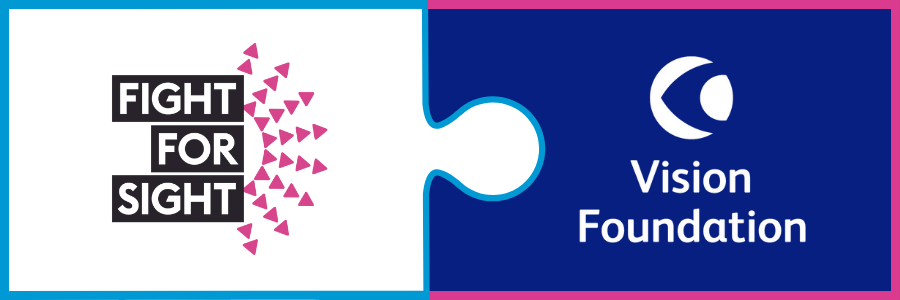 Fight for Sight/Vision Foundation's merger logo, two puzzle pieces, one pink and one blue join together.