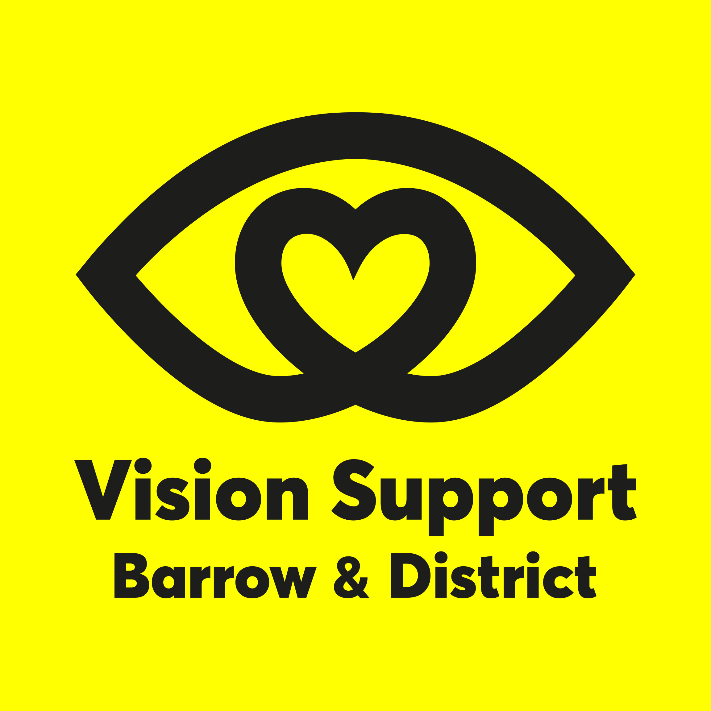 Logo is yellow background with an eye in the middle that says Vision Support Barrow & District