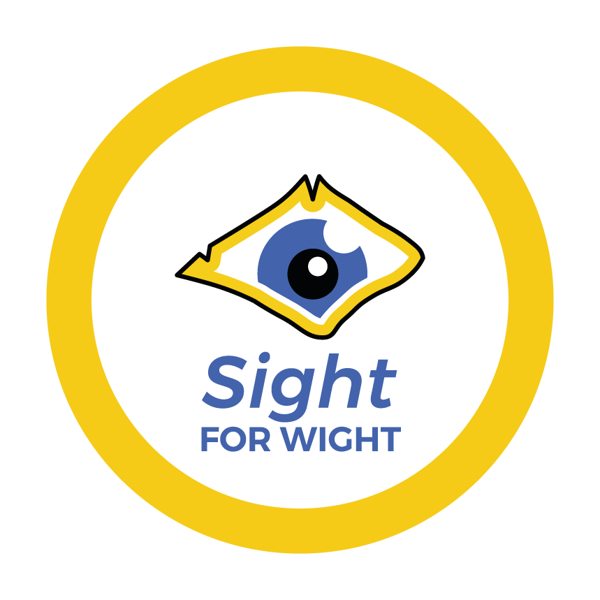 Sight for Wight Written in circle with an image of the Isle of Wight with an embedded eye within it