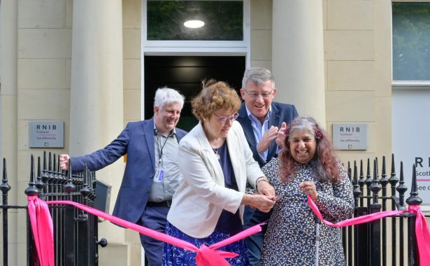 James Adams Sarah Boyack MSP Matt Stringer Kirin Saeed cutting the pink ribbon