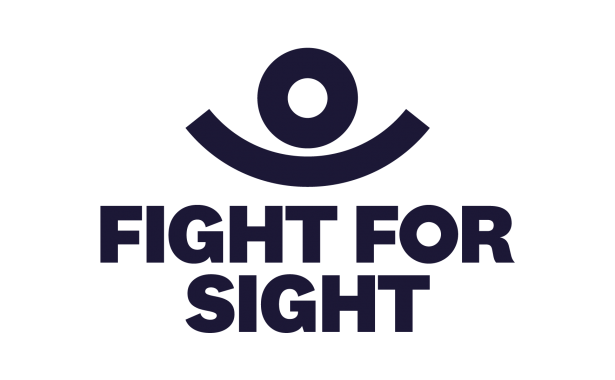 Fight for Sight logo. Image resembles an eye and an eyelid. The upward curve of the eyelid equally represents arms up stretched. As a whole the logo represents our Vision to 'Save Sight. Change Lives.'