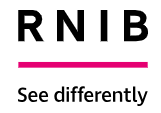 Image shows the logo for the Royal National Institute of Blind People. It shows the initials RNIB in black bold letters with a pink line underneath