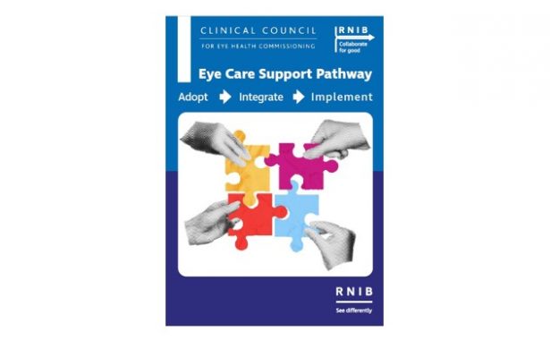 Front cover of the Eye Care Support Pathway, Adopt, Integrate, Implement booklet.