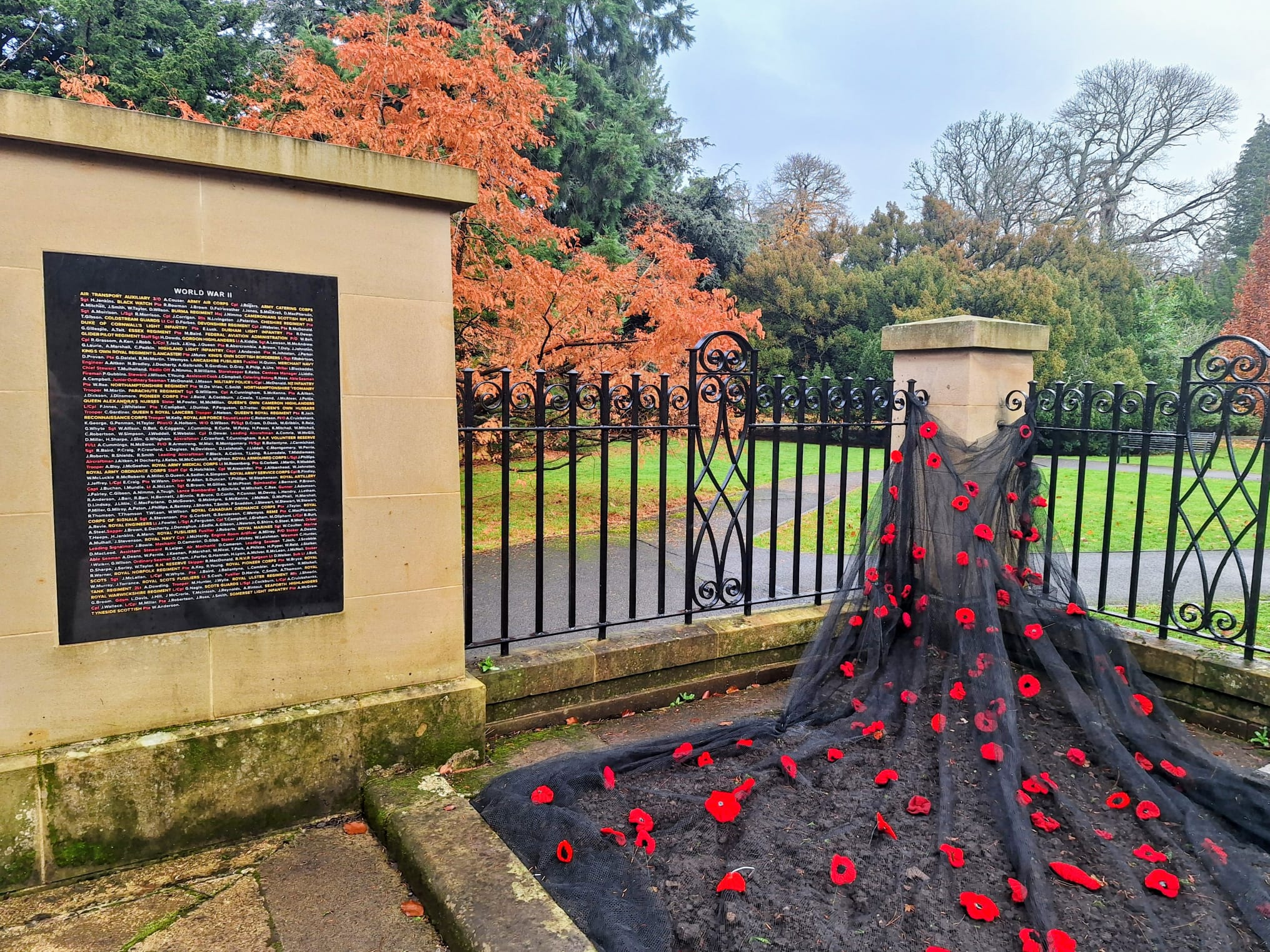 Hand knitted poppies adorn a black cloth draped next to a war memorial plaque in a park.