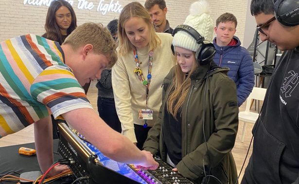 Students trying out the new protype accessible console