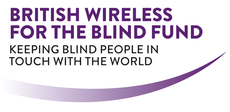 The BWBF logo featuring the charity's name - British Wireless for the Blind Fund. Underneath the strapline reads: 'Keeping blind people in touch with the world'. A purple swoosh appears under the words.