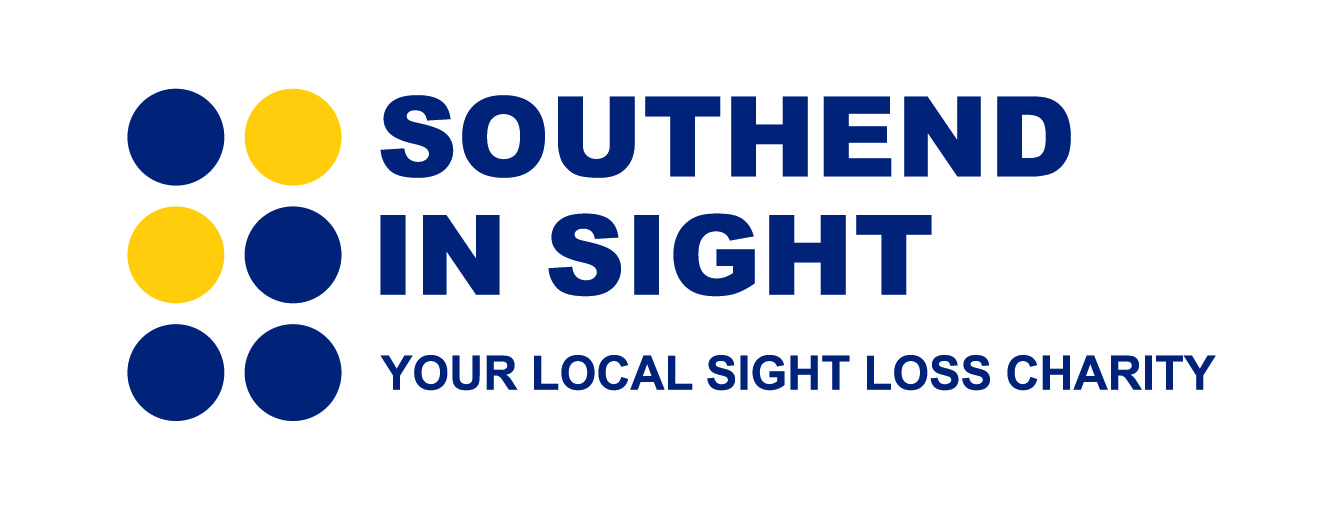 Southend in Sight is written in blue on a white background, with "your local sight loss" charity below.  "i" is written in braille using blue and yellow dots.