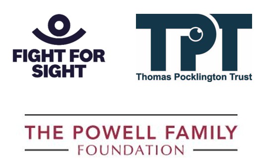 Top left to right: logos for Fight for Sight and Thomas Pocklington Trust. Bottom: Logo for The Powell Family Foundation.