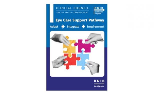 Front cover of the Eye Care Support Pathway, Adopt, Integrate, Implement booklet.