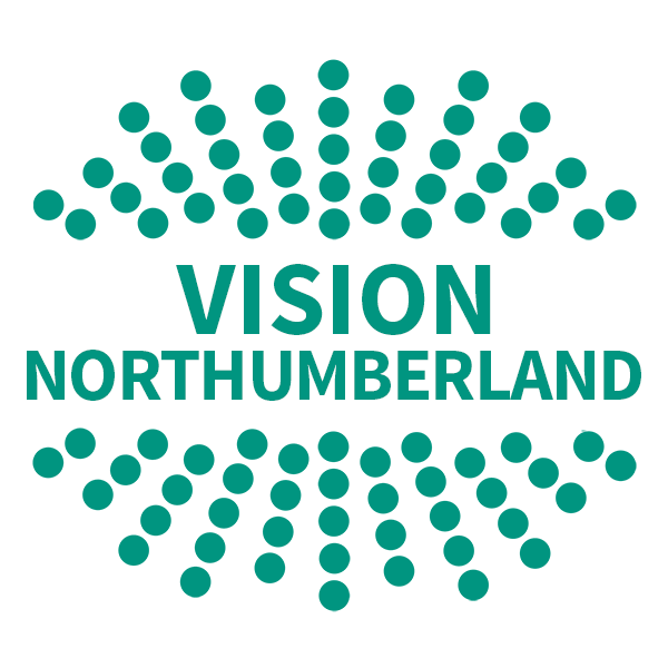 Logo shows the words 'Vision Northumberland' surrounded by a starburst of dots. The entire image is green.