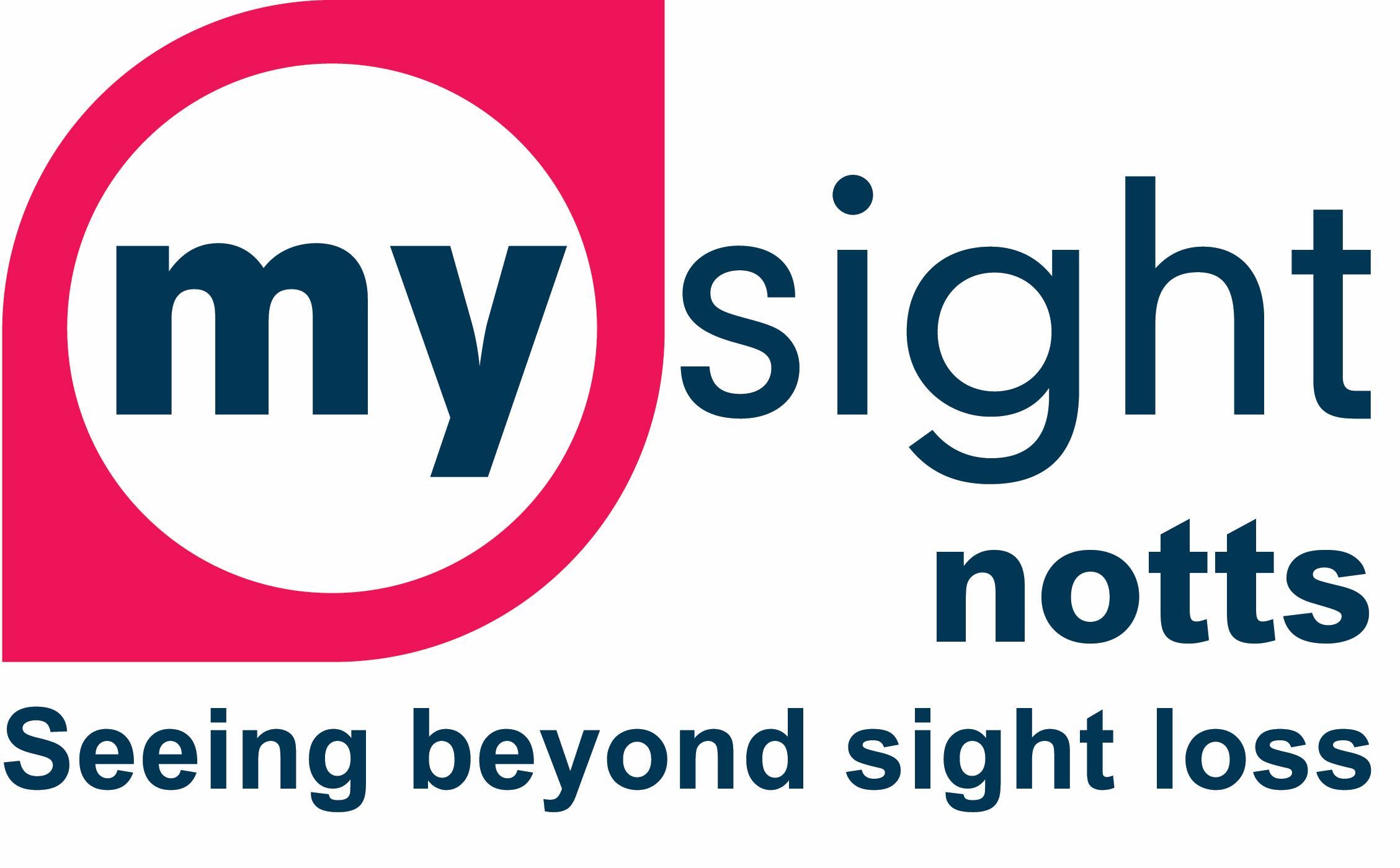 Logo reads My Sight Notts - Seeing Beyond Sight Loss. The word My is surrounded by a red eye shape.