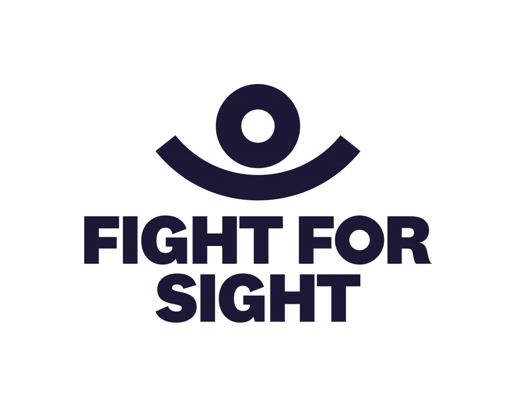 The image is of the Fight for Sight Logo, which is an upturned semi-circle, with a circle floating above it, appearing as an eye, but also a smile