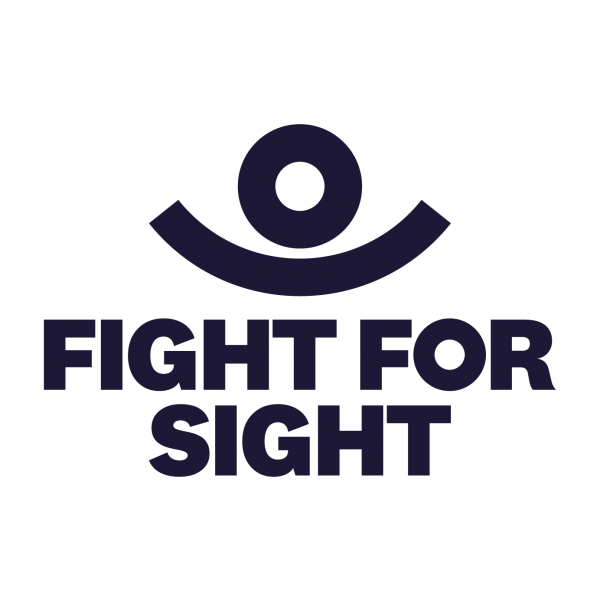 The image is of the Fight for Sight Logo, which is an upturned semi-circle, with a circle floating above it, appearing as an eye, but also a smile