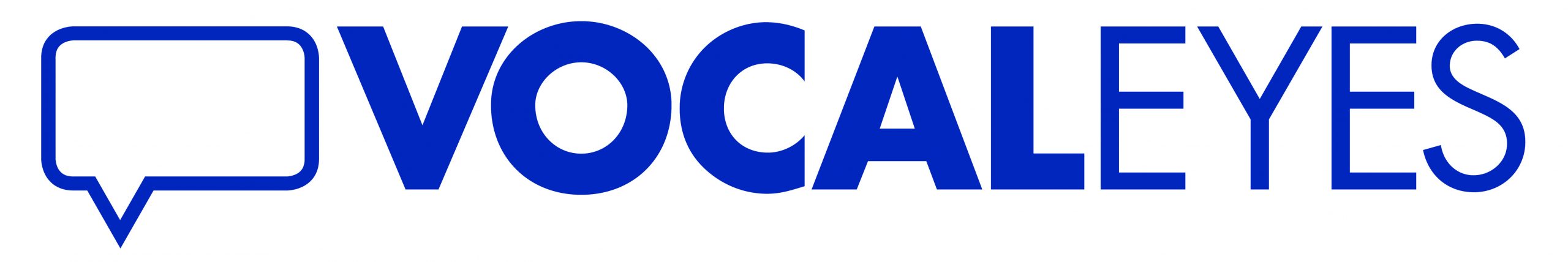 VocalEyes logo, blue text on white background with outline of a blue speech bubble on the left.