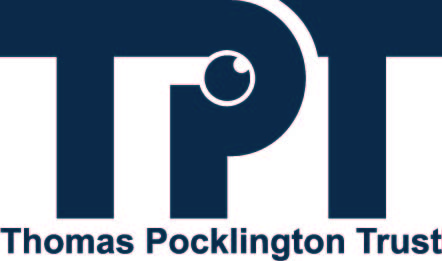 The logo consists of large, stylized letters "TPT" in dark blue, where the vertical part of the "P" incorporates a small circular shape resembling an eye. Below the letters, the full name "Thomas Pocklington Trust" is written in a simple, bold dark blue font.